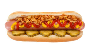 Taste Sensation Crispy Fried Onions on a hot dog